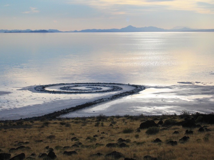Spiral Jetty sculpture on the shore of the Great Salt Lake