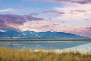 Great Salt Lake with evening sky (purple clouds)