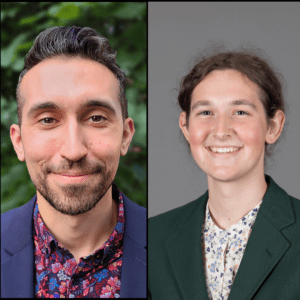 Associate Professor Daniel Aaron (a young man with olive skin and curly dark-brown hair), and Avery Emery, a young nonbinary person with white skin and brown curly hair pulled back