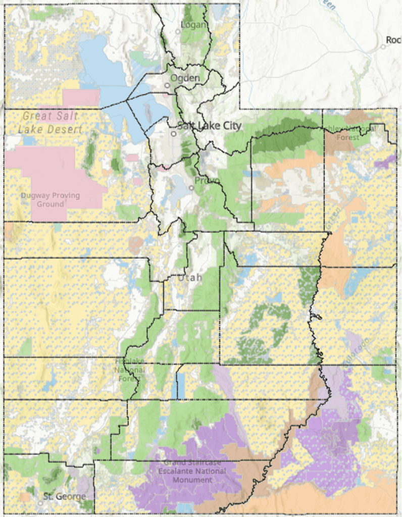 Map of Utah with different colors showing land throughout the state