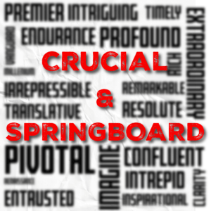 Word cloud with black words that include "premier," "intriguing," "timely," "endurance," "profound," irrepressible," "pivotal," "confluent," and "intrepid," with the words "crucial" and "springboard" bold and in red