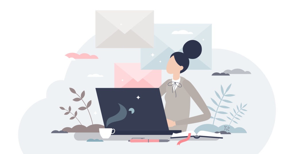 Illustration of businesswoman with black hair typing on laptop with different email envelopes in the background behind her.