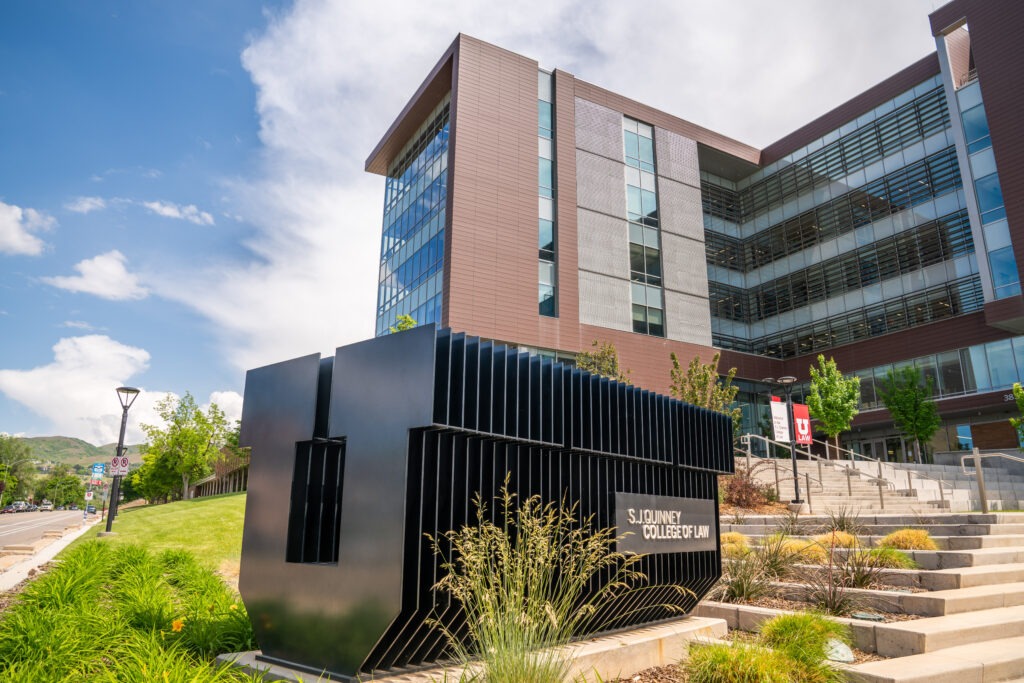 College of Law building with black U sculpture in front