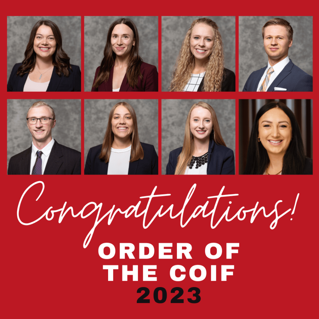 Law students Callen Aten, Ellen Bradley, Alyssa Campbell, Charles Campbell, Jensen A. Lillquist, Anna Paseman, Madalin Rooker, and Mary Thurmon, who were recognized with the Order of the Coif