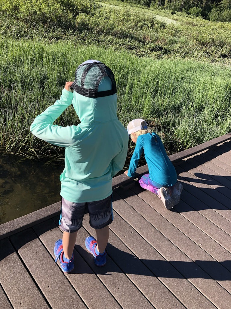 Two kids, around six to 10 years old, face the green plants of Silver Lake while looking down from a brown boardwalk